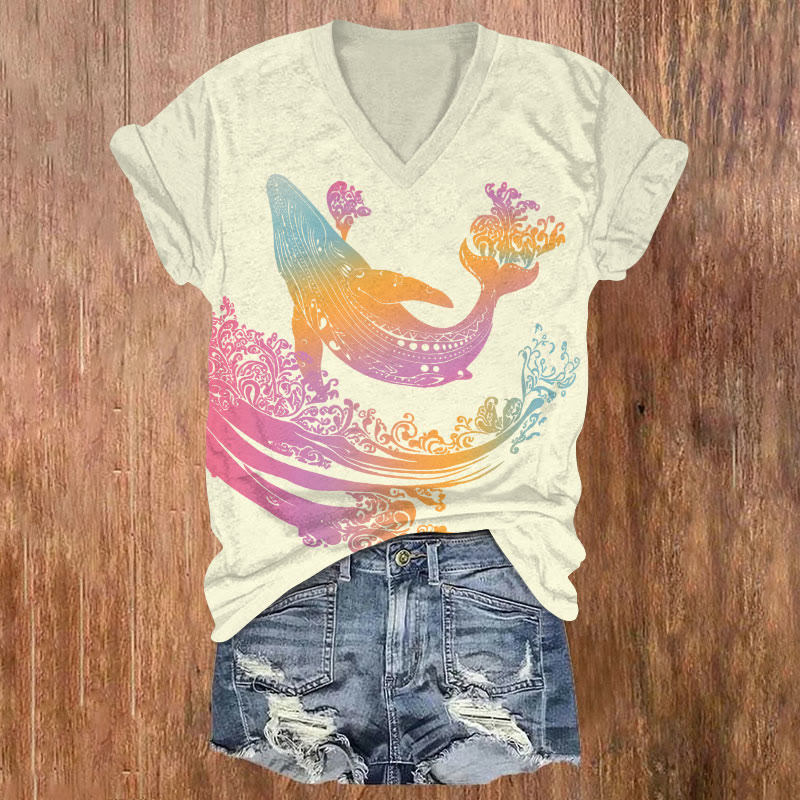 Fantasy Rainbow Ethnic Floral Whale Art T-shirt - Yellow - US32-34(5XL) - image 1