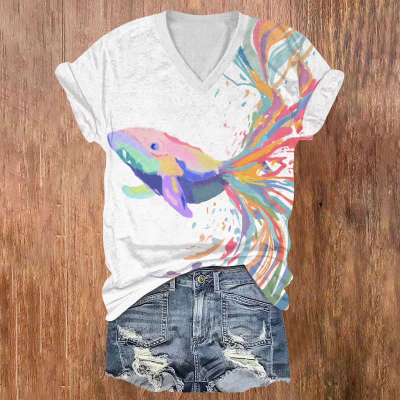 Funny Rainbow Tail Whale Shark Art T-shirt - White - US32-34(5XL) - image 1