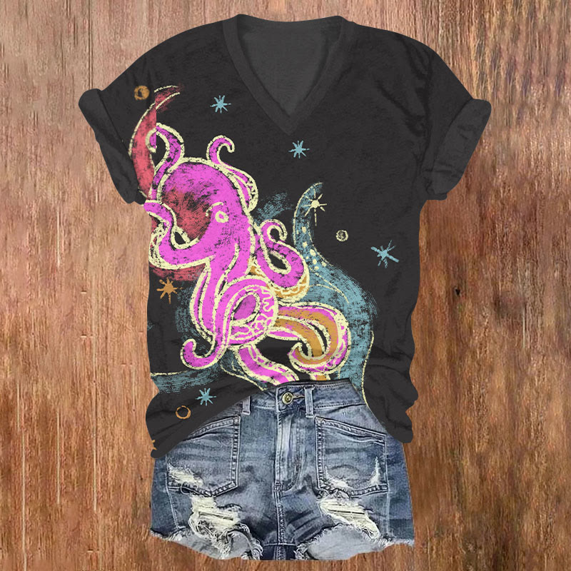 Vintage Stunning Cartoon Octopus Art T-shirt - Black - US32-34(5XL) - image 1