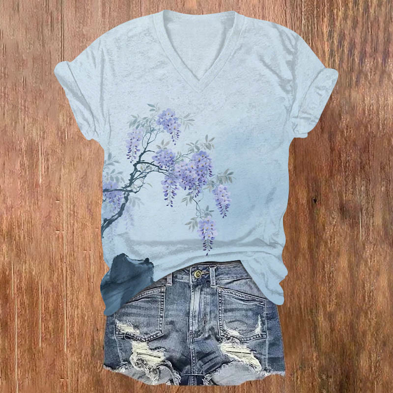 Lovely Wisteria Flowesr Art Print V-neck T-shirt - Light Blue - US32-34(5XL) - image 1