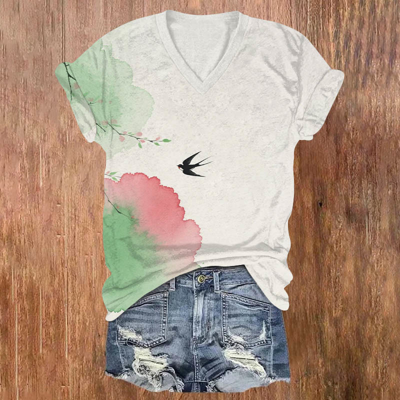 Vintage Swallows & Floral Art Print V-neck T-shirt - Beige - US32-34(5XL) - image 1