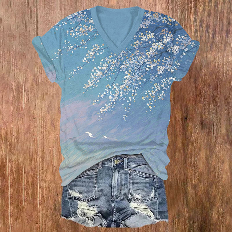 Oil Painting Sakura Art Print V-neck T-shirt - Blue - US32-34(5XL) - image 1