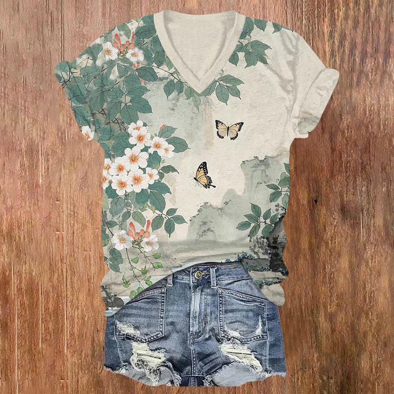 Watercolor Blossoms & Butterfly Art Print V-neck T-shirt - Apricot - US32-34(5XL) - image 1