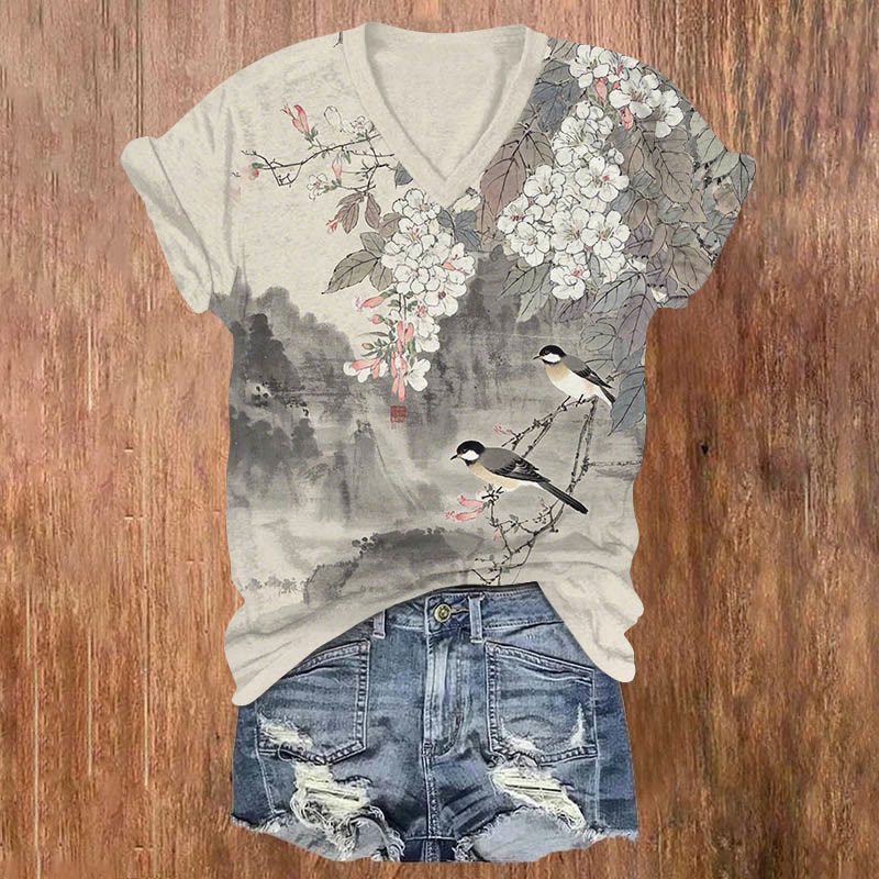 Birds & Flowers Landscape Paintings Art Print V-neck T-shirt - Apricot - US32-34(5XL) - image 1