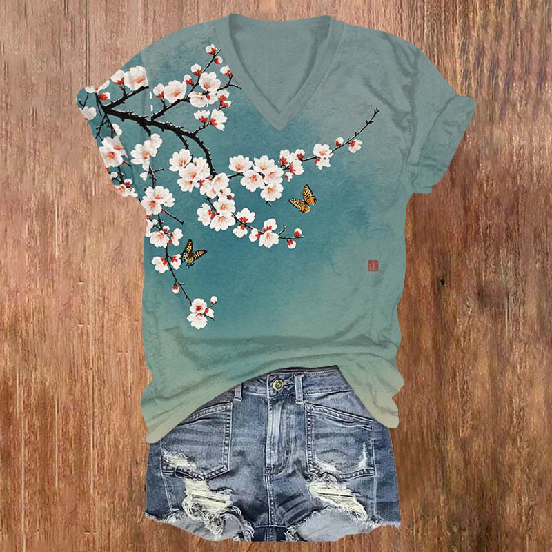 Vintage Japanese Sakura & Butterfly Art Print V-neck T-shirt - Blue - US32-34(5XL) - image 1