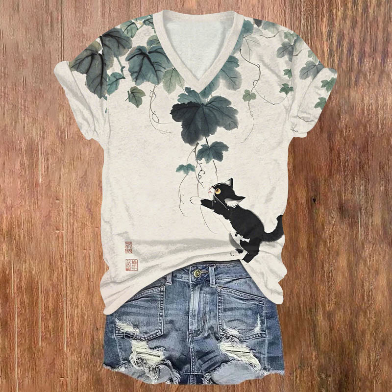 Japanese Vintage Kitten Playing With Vine Art Print V-neck T-shirt - Beige - US32-34(5XL) - image 1