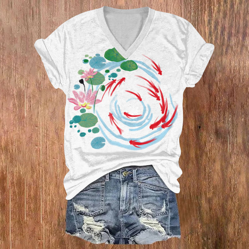 Creative Goldfish Circle In Lotus Pond Art T-shirt - White - US32-34(5XL) - image 1