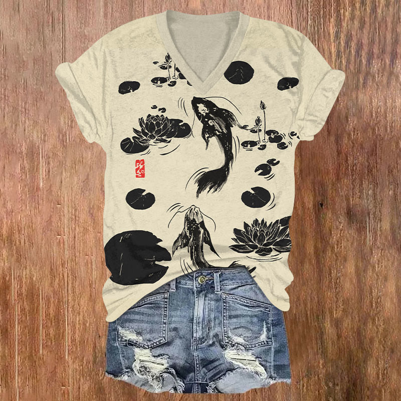 Vintage Ink Watercolor Koi Fish In Lotus Pond Art T-shirt - Khaki - US32-34(5XL) - image 1