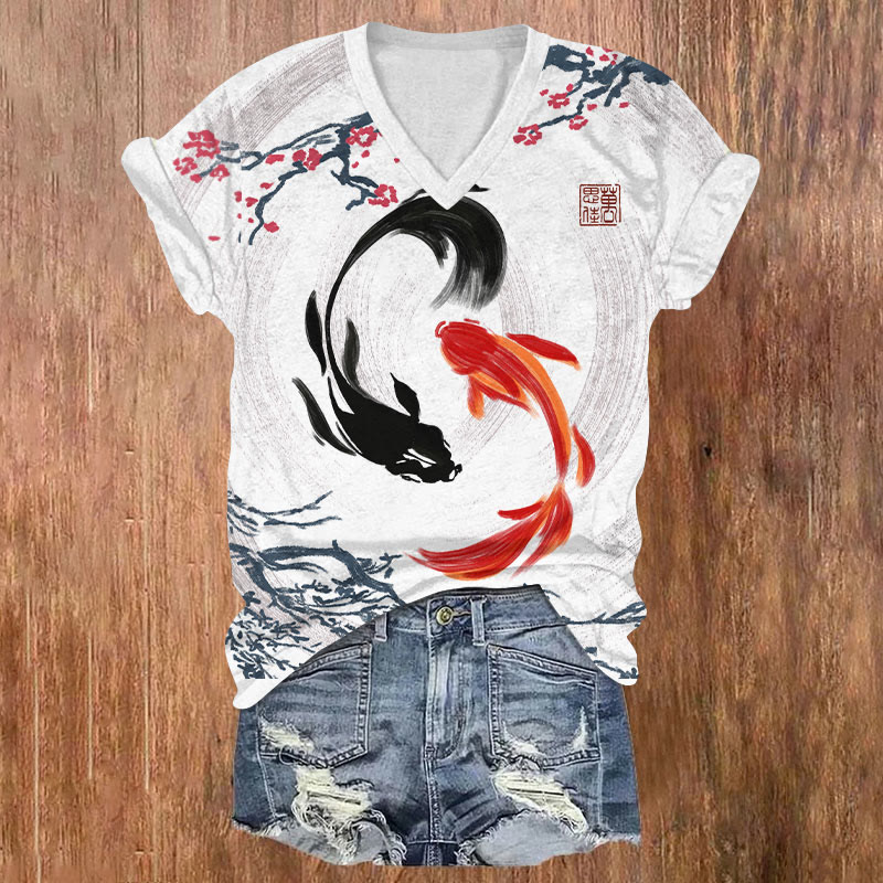 Mystical Floral Koi Bagua Array Art T-shirt - White - US32-34(5XL) - image 1
