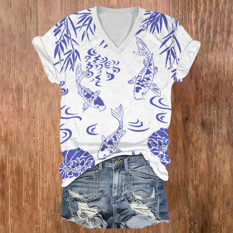 Watercolor Koi Fish Swimming In The Pond Art T-shirt - White - US32-34(5XL) - image 1