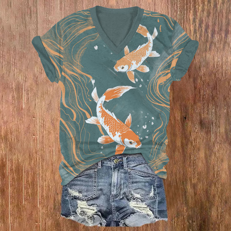 Vintage Couple Koi In The Pond Art T-shirt - Olive Green - US32-34(5XL) - image 1