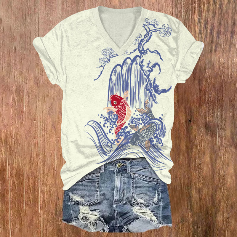 Vintage Koi Under Waterfall Art T-shirt - Beige - US32-34(5XL) - image 1