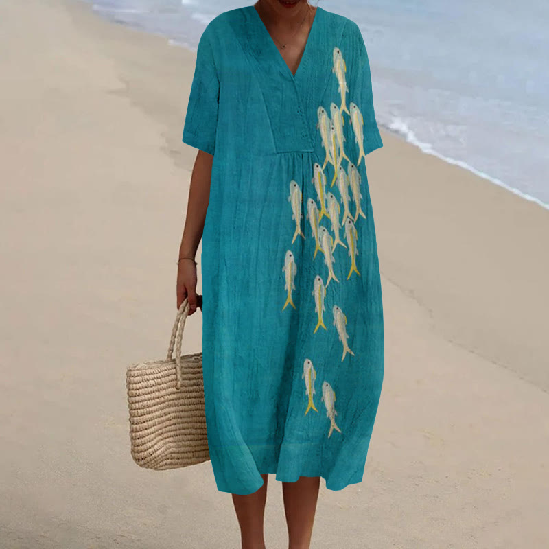 Vintage Simple Fish Print Short-sleeved Midi Dress - Lake Blue - 5XL - image 1