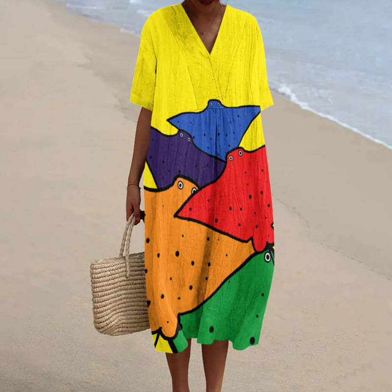 Cascading Rainbow Ray Print Short-sleeved Midi Dress - Multicolor - 5XL - image 1