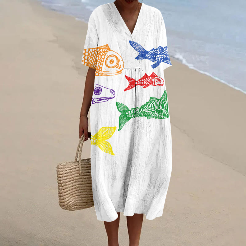 Rainbow Japanese Fish Print Short-sleeved Midi Dress - White - 5XL - image 1