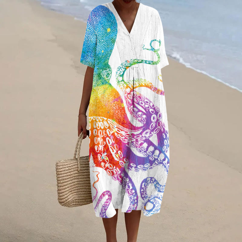 Rainbow Ombre Japanese Octopus Print Short-sleeved Midi Dress - Multicolor - 5XL - image 1