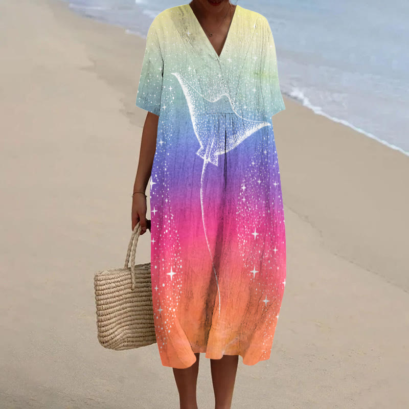 Ray Swimming In Rainbow Starry Sky Print Short-sleeved Midi Dress - Multicolor - 5XL - image 1