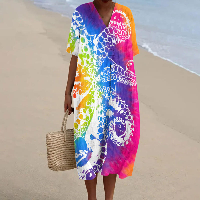 Rainbow Tie-dye Octopus Print Short-sleeved Midi Dress - Multicolor - 5XL - image 1