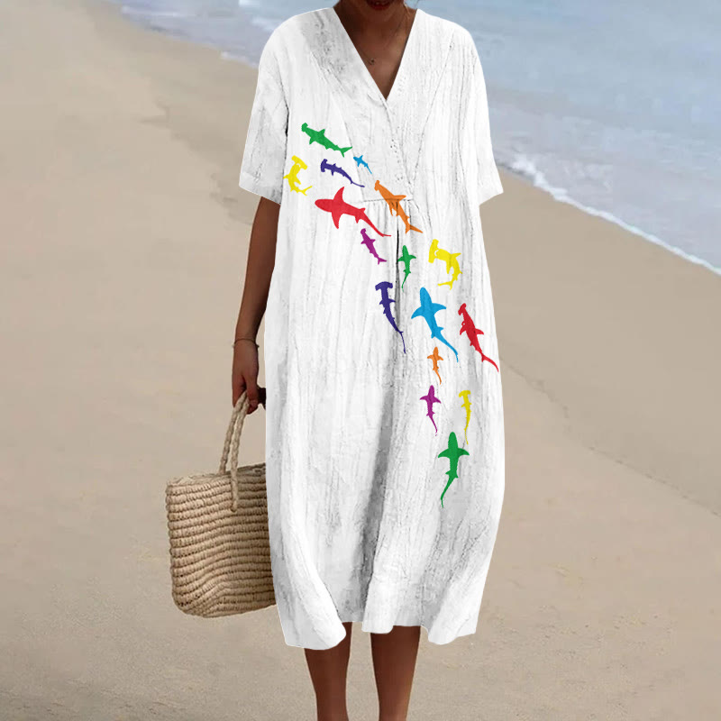 Rainbow Sharks Print Short-sleeved Midi Dress - White - 5XL - image 1