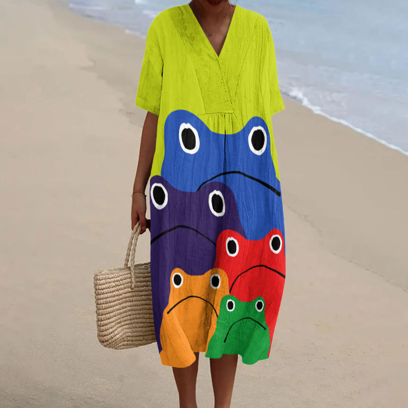 Cascading Rainbow Japanese Frog Print Short-sleeved Midi Dress - Green - 5XL - image 1