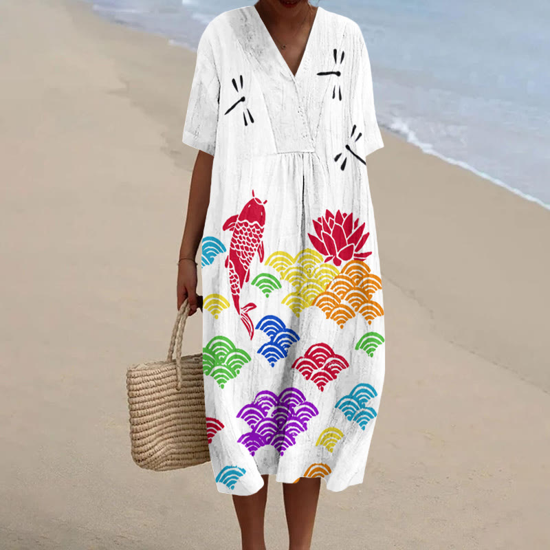 Japanese Style Rainbow Wave Koi Print Short-sleeved Midi Dress - White - 5XL - image 1
