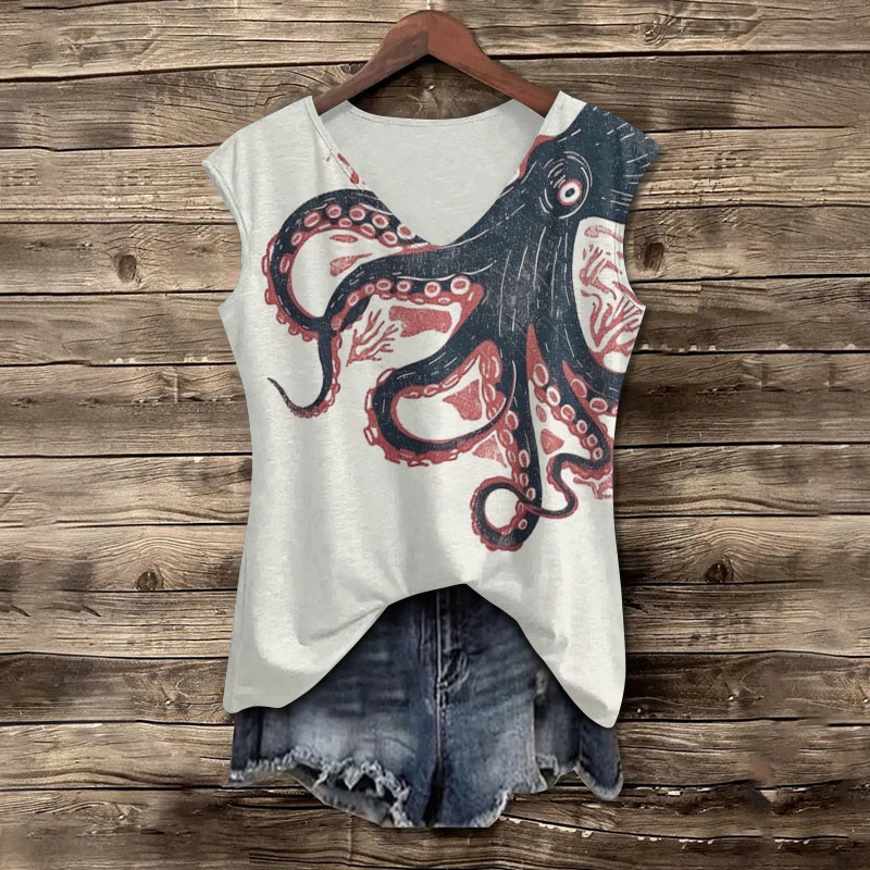 Vintage Japanese Octopus Art Print V-neck Tank Top - Beige - 5XL - image 1