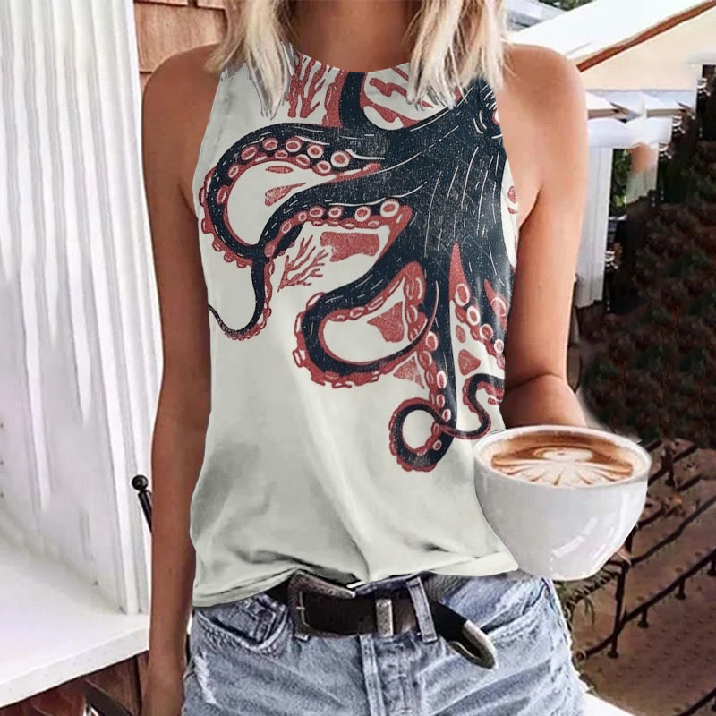 Vintage Japanese Octopus Art Crew Neck Tank Top - White - 5XL - image 1