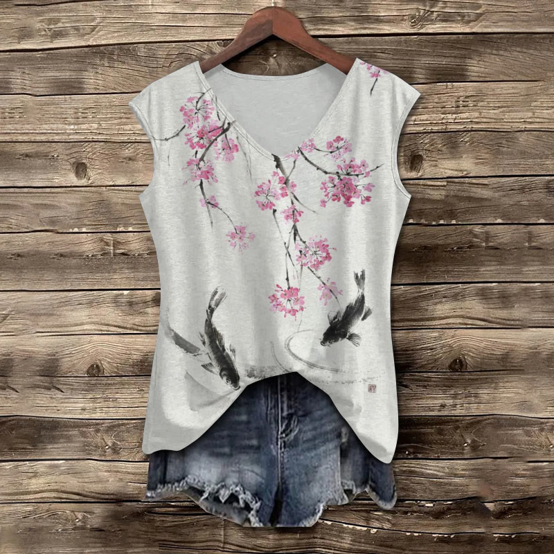 Japanese Koi & Cherry Blossom Art Print V-neck Tank Top - Pink - 5XL - image 1