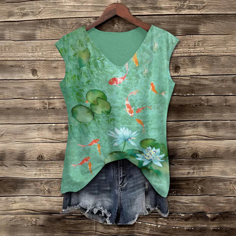 Japanese Koi Art Print V-neck Tank Top - Green - 5XL - image 1