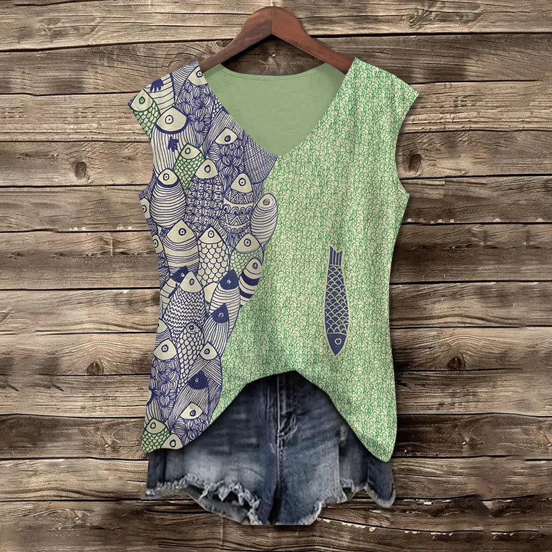 Ocean Retro Fun Fish Asymmetric Art Print V-neck Tank Top - Green - 5XL - image 1