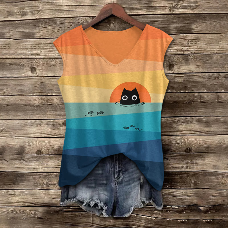 Rainbow Sun & Black Cat In The Sea Art Print V-neck Tank Top - Multicolor - 5XL - image 1