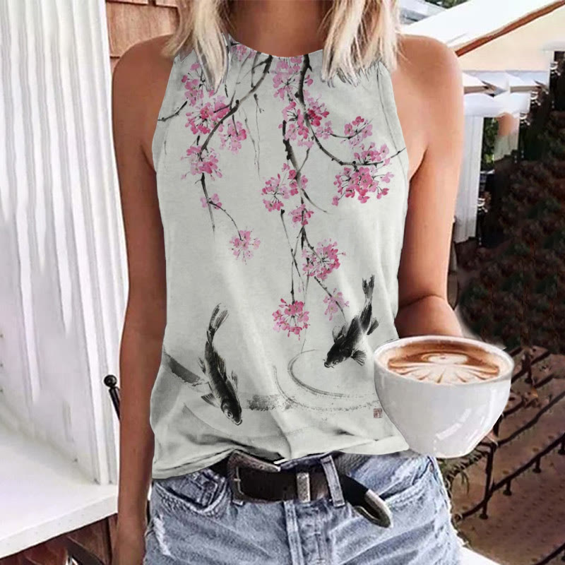 Japanese Koi & Cherry Blossom Art Crew Neck Tank Top - Pink - 5XL - image 1