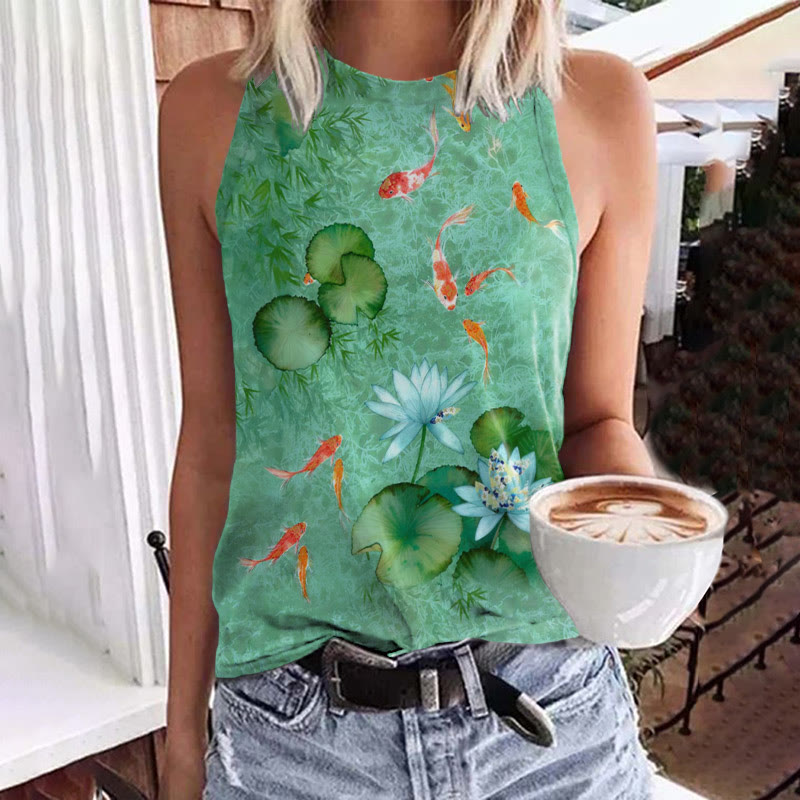 Japanese Koi Art Crew Neck Tank Top - Green - 5XL - image 1