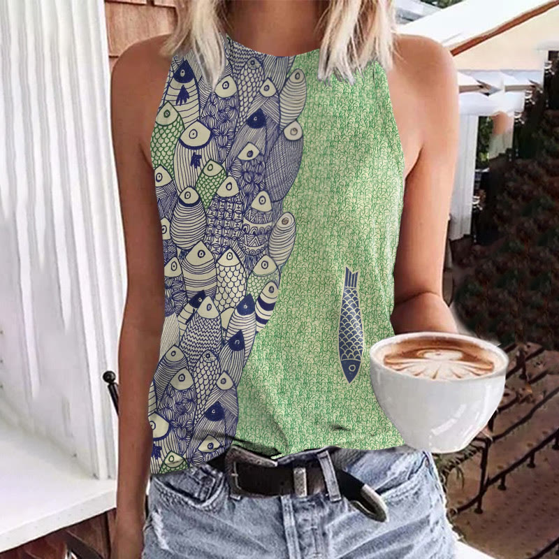 Ocean Retro Fun Fish Asymmetric Art Crew Neck Tank Top - Green - 5XL - image 1