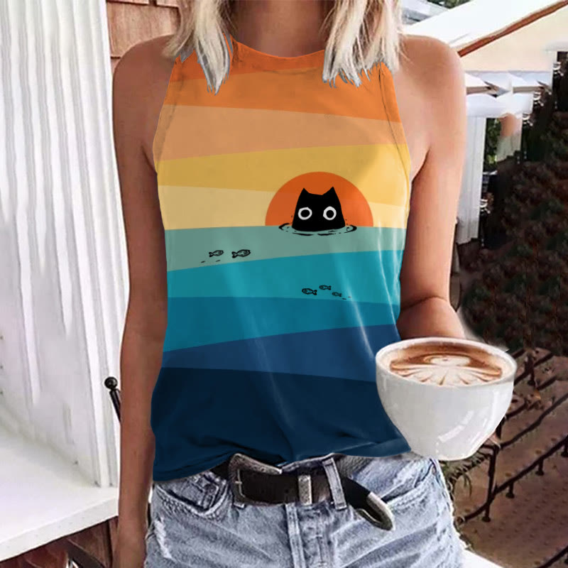 Rainbow Sun & Black Cat In The Sea Art Crew Neck Tank Top - Multicolor - 5XL - image 1
