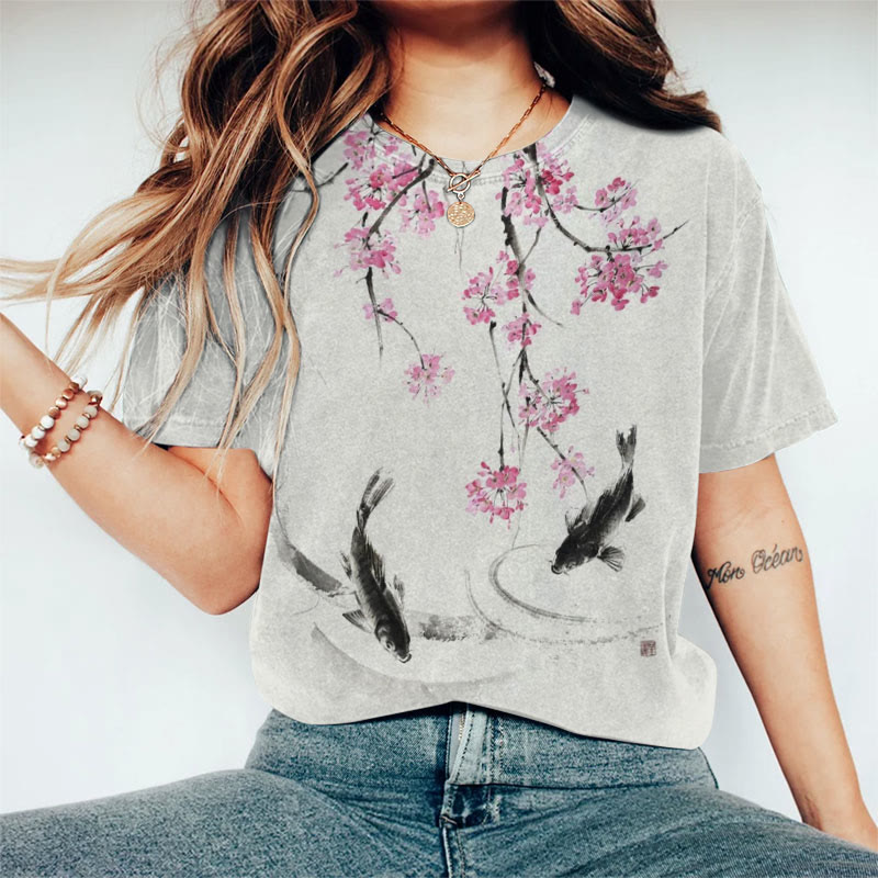 Japanese Koi & Cherry Blossom Art Print Casaul T-Shirt - Light Gray - US44-46(8XL) - image 1