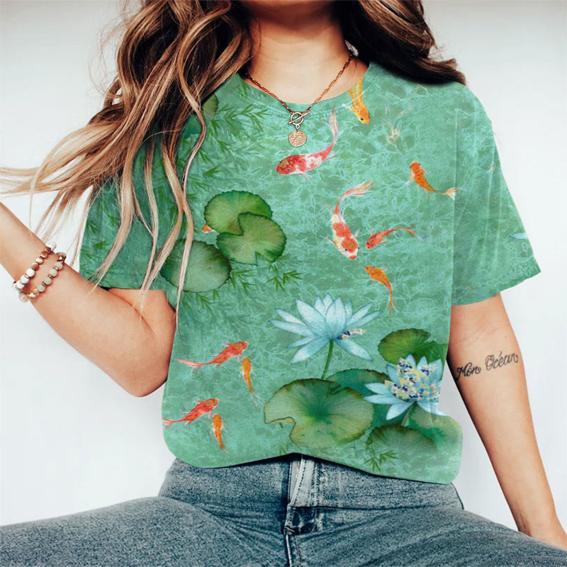 Japanese Koi Art Print Casaul T-Shirt - Green - US44-46(8XL) - image 1