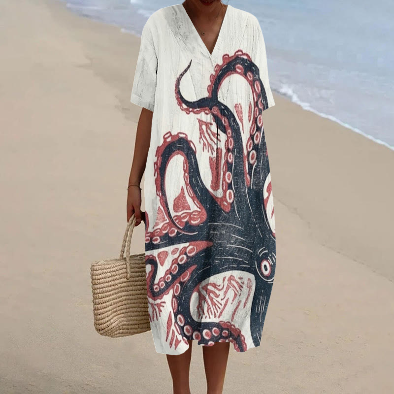 Vintage Japanese Octopus Art Print Short-sleeved Midi Dress - Beige - 5XL - image 1