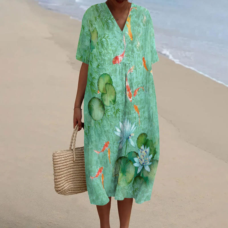 Japanese Koi Art Print Short-sleeved Midi Dress - Green - 5XL - image 1
