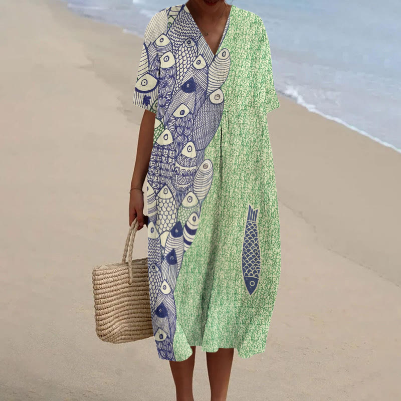 Ocean Retro Fun Fish Asymmetric Art Print Short-sleeved Midi Dress - Green - 5XL - image 1