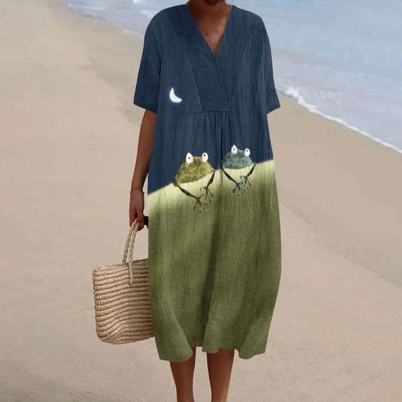 Simple Frog Color Block Print Short-sleeved Midi Dress - Blue - 5XL - image 1