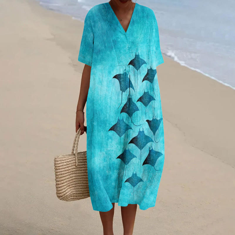 Vintage Manta Ray Art Print Short-sleeved Midi Dress - Lake Blue - 5XL - image 1
