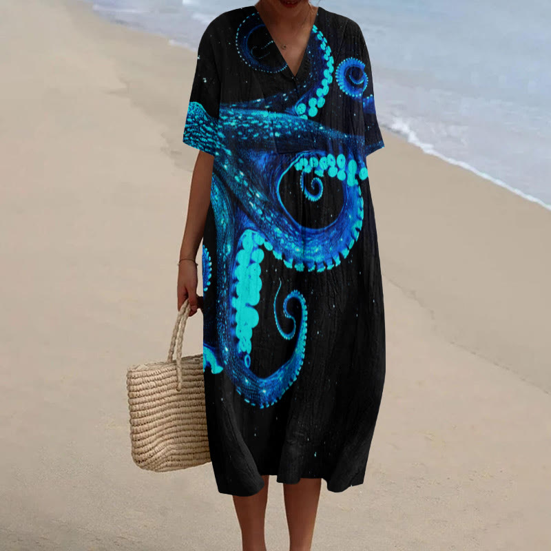 Three-dimensional Creative Octopus Print Short-sleeved Midi Dress - Black - 5XL - image 1