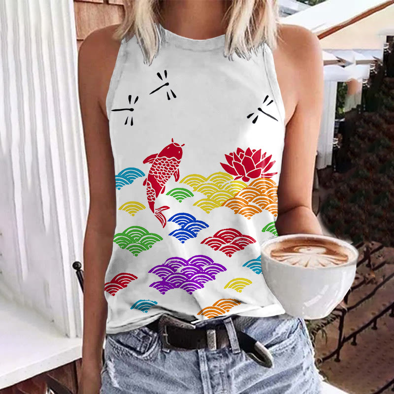 Japanese Style Rainbow Wave Koi Print Crew Neck Tank Top - White - 5XL - image 1