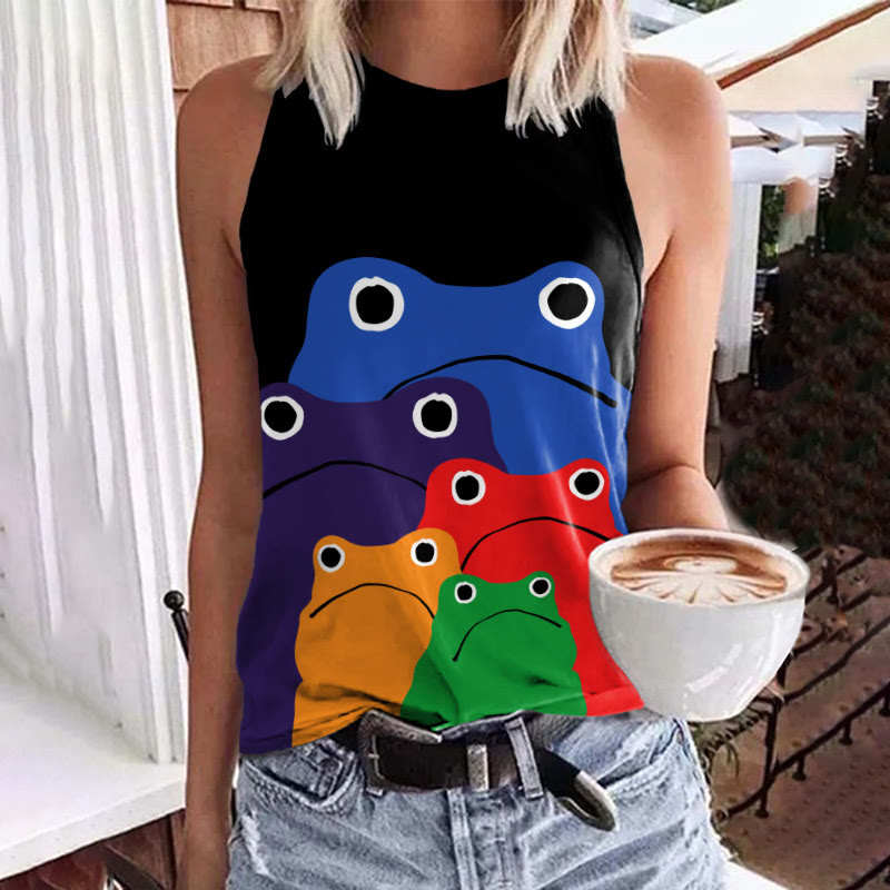 Cascading Rainbow Japanese Frog Print Crew Neck Tank Top - Black - 5XL - image 2