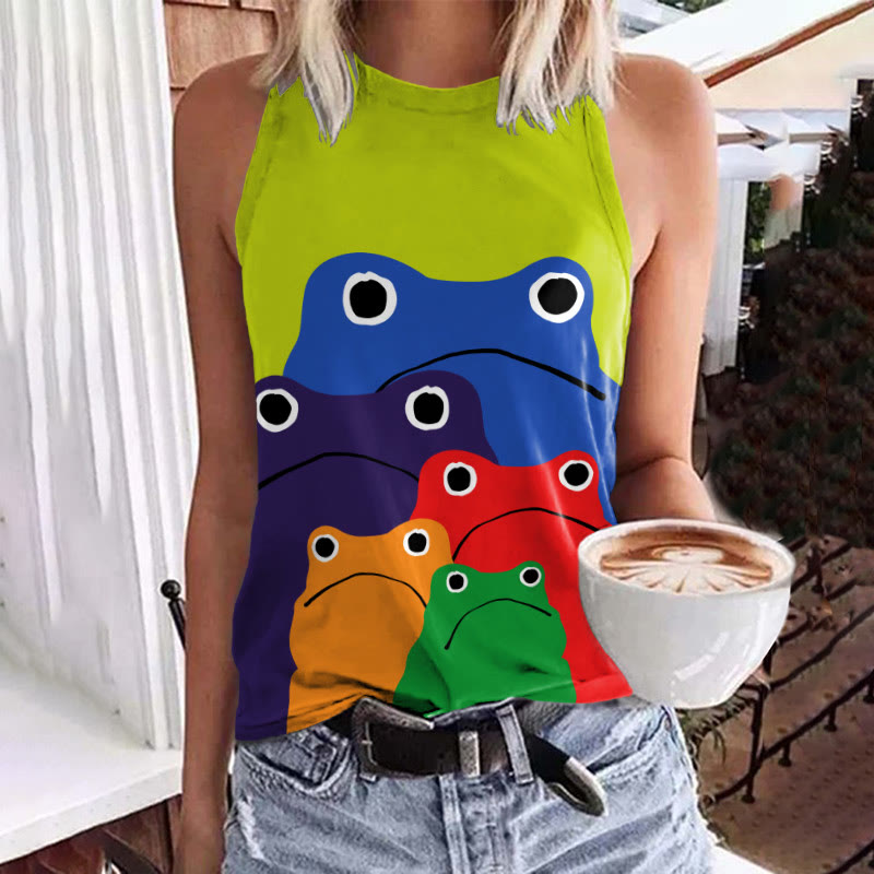 Cascading Rainbow Japanese Frog Print Crew Neck Tank Top - Green - 5XL - image 1