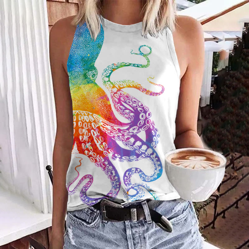 Rainbow Ombre Japanese Octopus Print Crew Neck Tank Top - White - 5XL - image 1