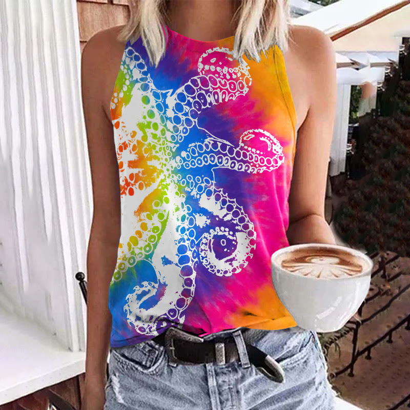 Rainbow Tie-dye Octopus Print Crew Neck Tank Top - Multicolor - 5XL - image 1