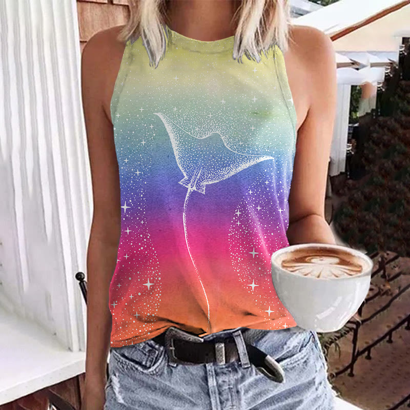 Ray Swimming In Rainbow Starry Sky Print Crew Neck Tank Top - Multicolor - 5XL - image 1