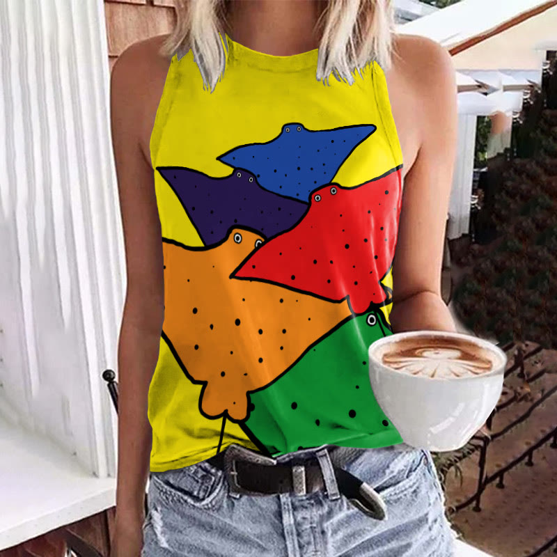 Cascading Rainbow Ray Print Crew Neck Tank Top - Multicolor - 5XL - image 1